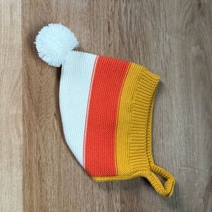 Candy Corn Striped Winter Baby Bonnet Knit Hat Chin Strap Pom Pom Orange Yellow